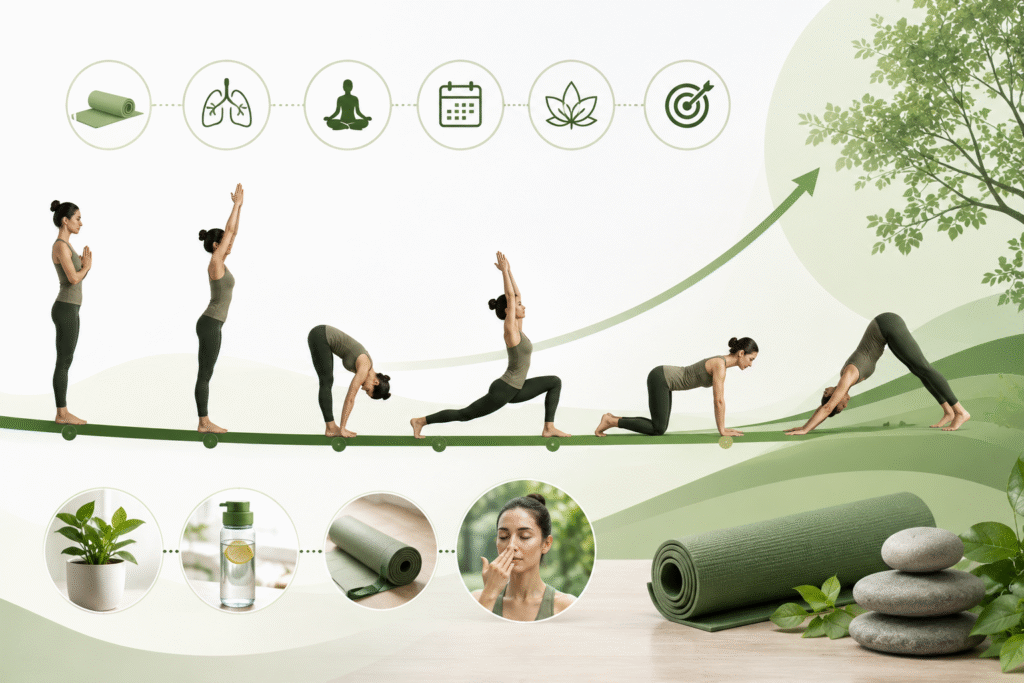 New to yoga? Learn how to build a consistent yoga practice with simple routines, breathing techniques, beginner poses, and sustainable wellness habits.